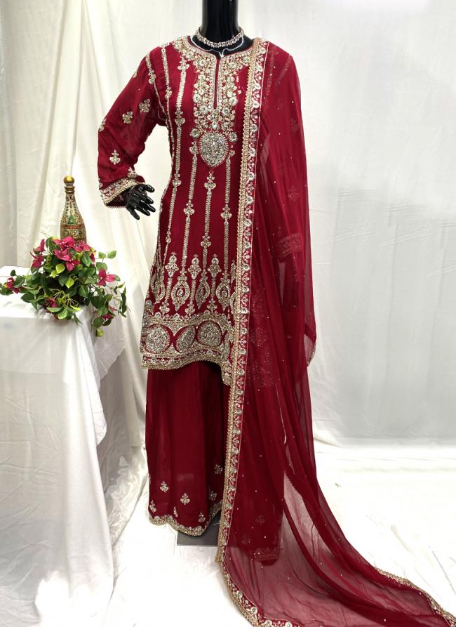 Chiffon Red Wedding Wear Hand Work Readymade Plazzo Suit